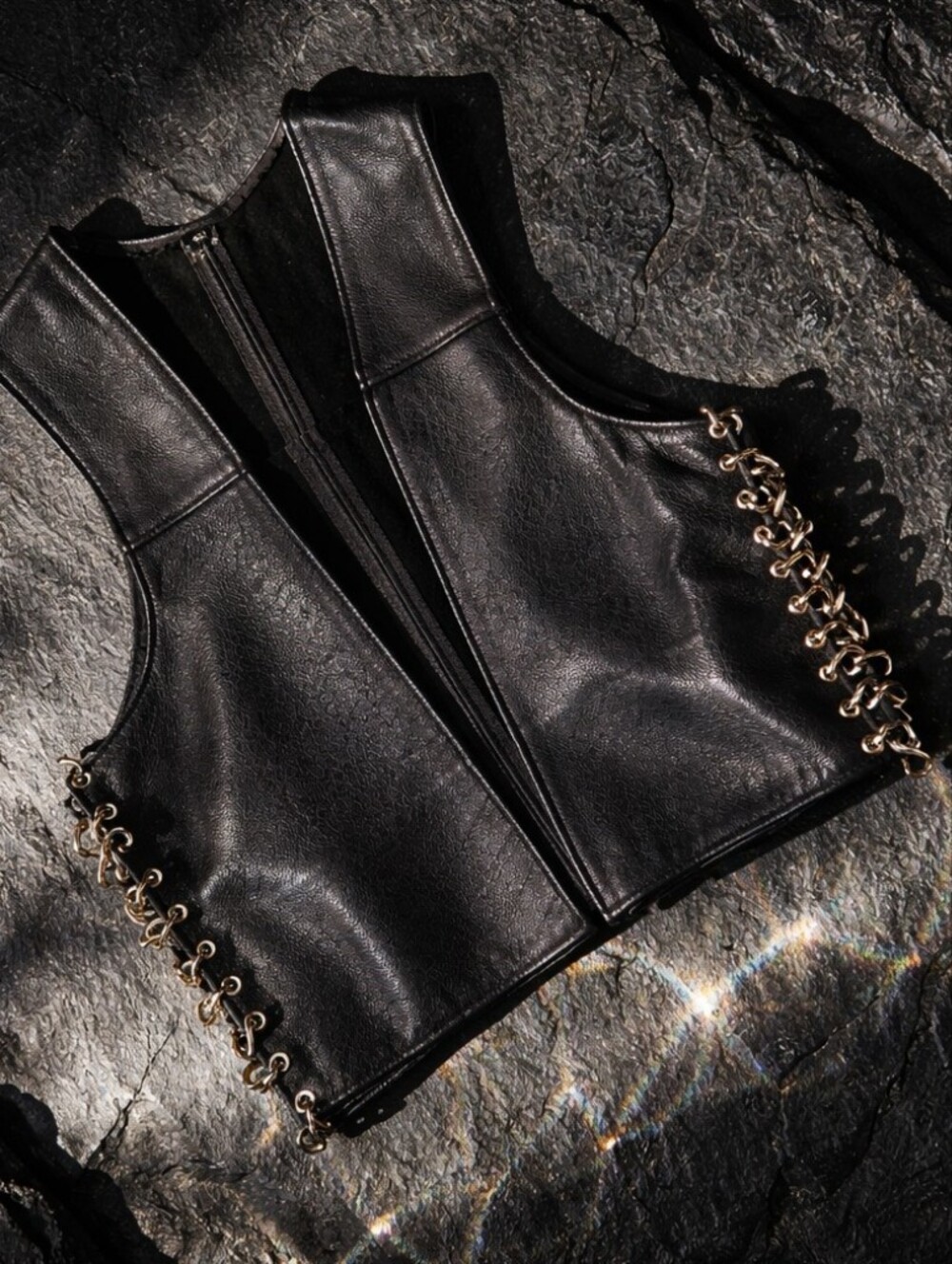 Vintage Black Leather Side Link Biker Vest Punk Gothic Y2K